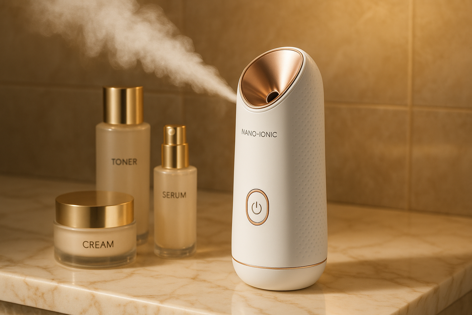 A stylish nano-ionic portable face steamer placed on a marble bathroom counter, surrounded by luxury skincare products, soft golden lighting, visible steam mist creating a spa-like vibe."