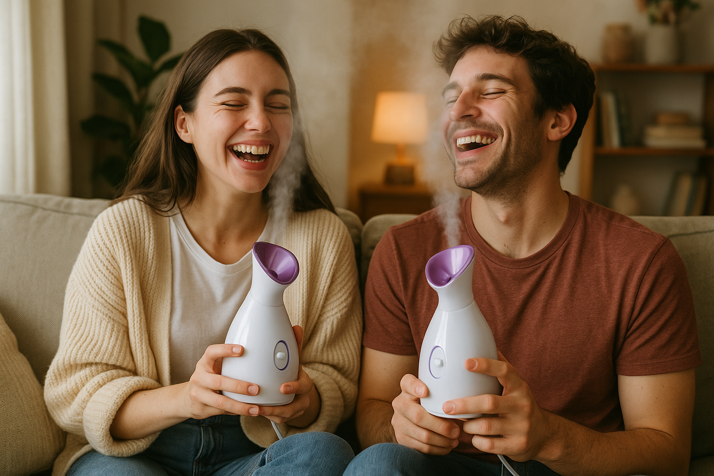 "A young couple sitting in a living room, both using separate portable face steamers, laughing and relaxing together. Cozy, lifestyle photo with visible steam mist."