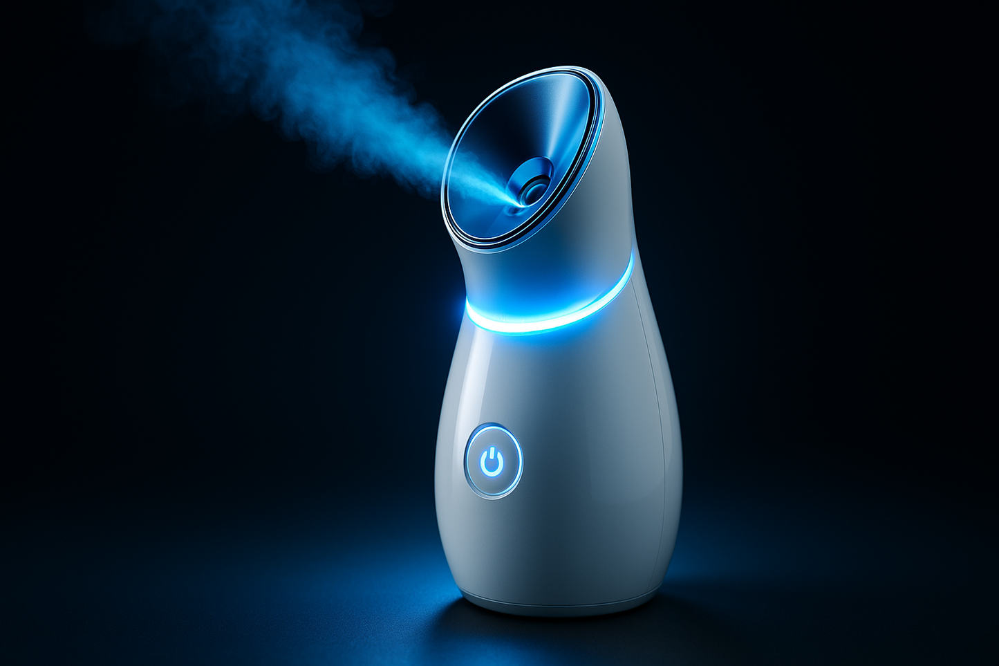 "Close-up futuristic shot of a modern portable face steamer with LED lights glowing, nano steam highlighted in blue tones, dark background with spotlight focus for premium product marketing."