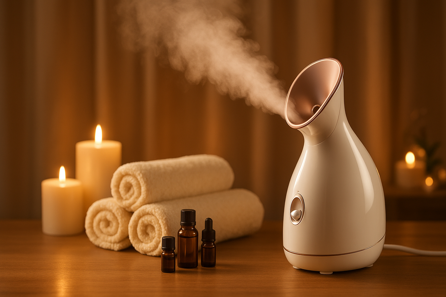 "Elegant spa environment with a face steamer placed next to rolled towels, essential oils, and candles. Soft warm lighting, steam gently flowing, luxurious and calming atmosphere."