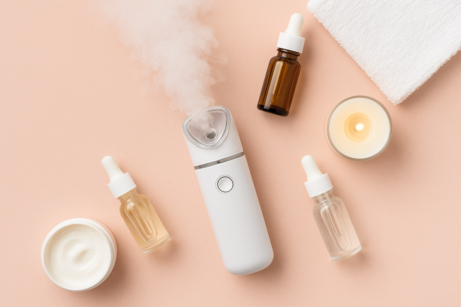 "Flat lay photography of a portable face steamer with skincare essentials (serums, moisturizer, towel, candle) around it. Steam mist visible, pastel background for Instagram aesthetic look."