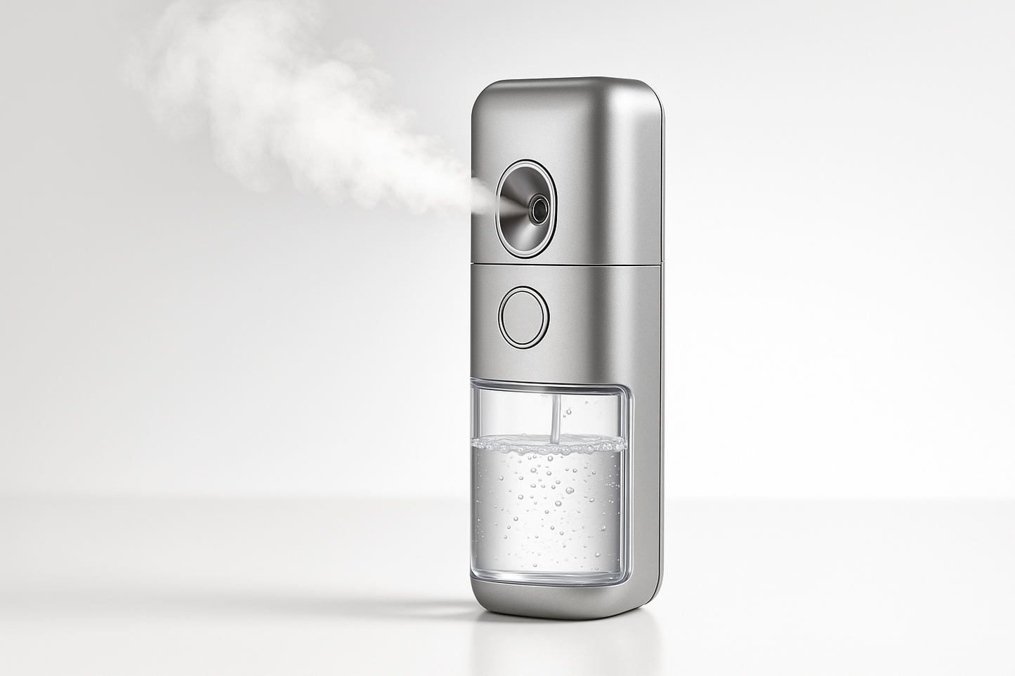 High-quality product photo of a portable face steamer. Sleek, modern design, with transparent water tank and steam coming out. Captured in different styles: 1) on plain white background for e-commerce, 2) on a bathroom counter with soft lighting, 3) a woman using the steamer for skincare, steam visible on her face, relaxing spa-like atmosphere, 4) close-up of nano-ionic mist, 5) aesthetic flat lay with skincare products around it."