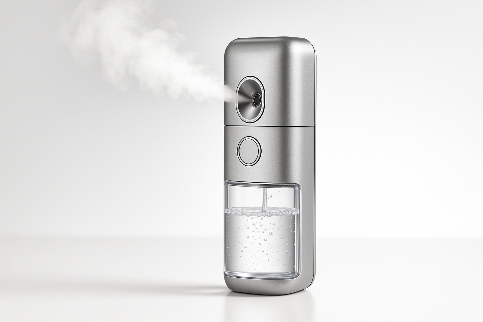 High-quality product photo of a portable face steamer. Sleek, modern design, with transparent water tank and steam coming out. Captured in different styles: 1) on plain white background for e-commerce, 2) on a bathroom counter with soft lighting, 3) a woman using the steamer for skincare, steam visible on her face, relaxing spa-like atmosphere, 4) close-up of nano-ionic mist, 5) aesthetic flat lay with skincare products around it."