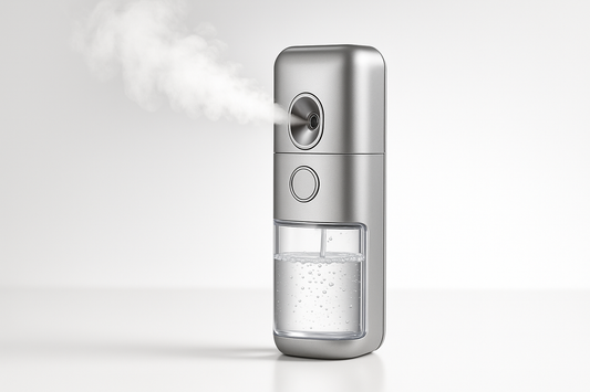 High-quality product photo of a portable face steamer. Sleek, modern design, with transparent water tank and steam coming out. Captured in different styles: 1) on plain white background for e-commerce, 2) on a bathroom counter with soft lighting, 3) a woman using the steamer for skincare, steam visible on her face, relaxing spa-like atmosphere, 4) close-up of nano-ionic mist, 5) aesthetic flat lay with skincare products around it."
