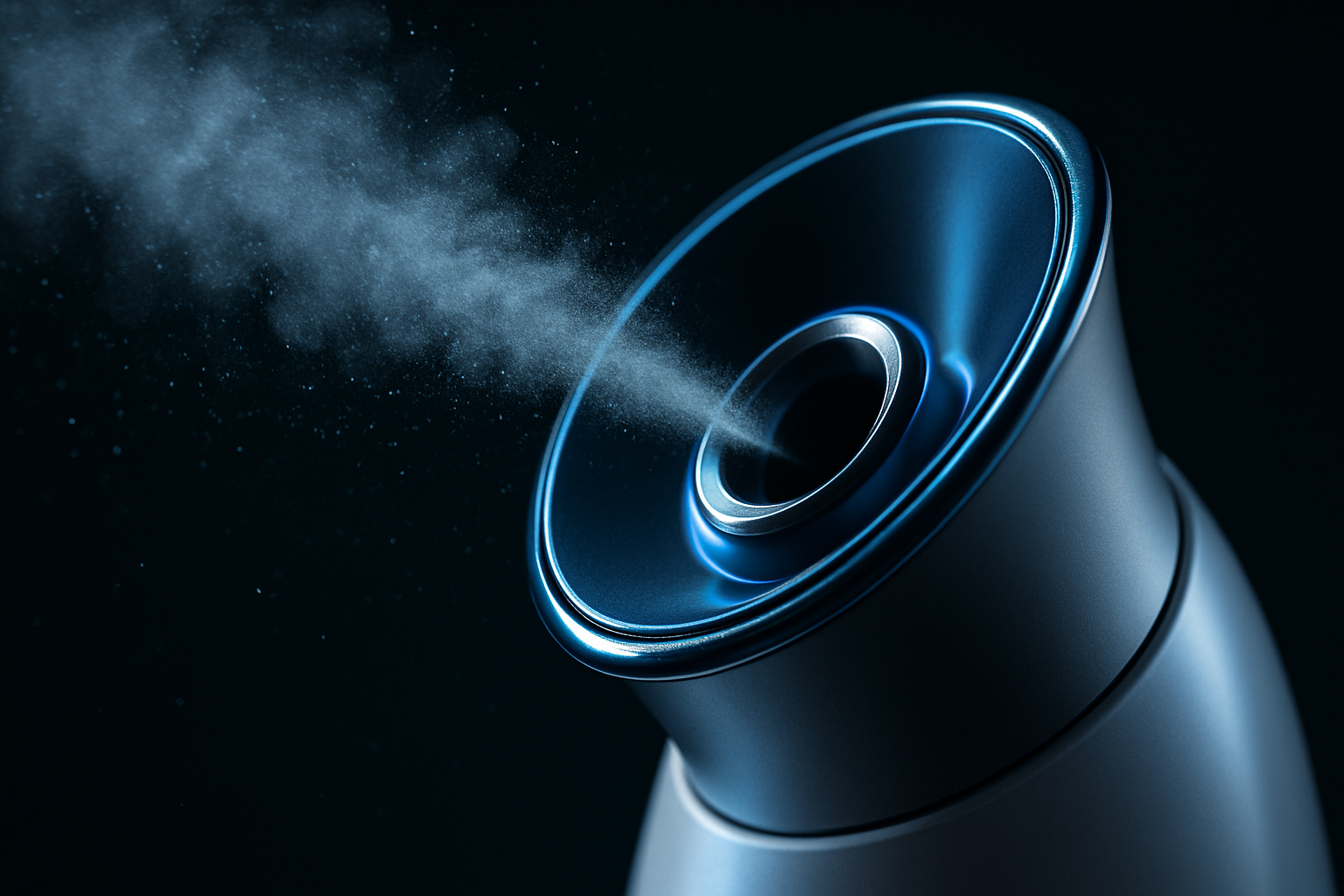 "Macro close-up of the nozzle of a nano-ionic face steamer, with detailed steam mist particles highlighted against a dark background. Futuristic, high-tech skincare product vibe."