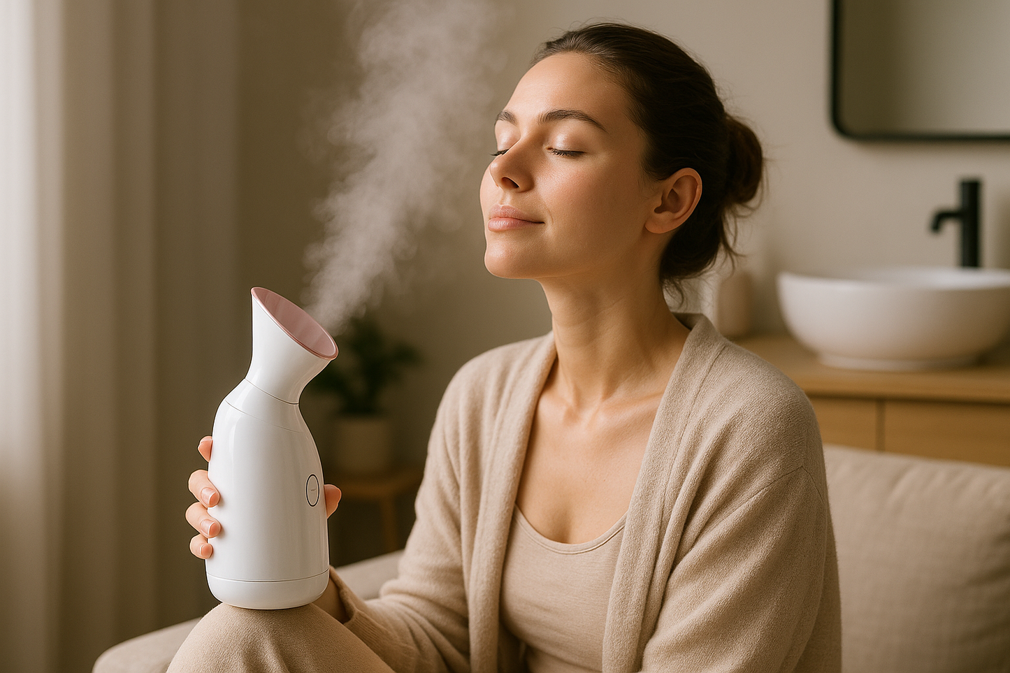 "Realistic image of a woman sitting comfortably and using a portable face steamer. Steam is gently flowing onto her face, creating a spa-like atmosphere. Soft lighting, calm expression, glowing skin. Background: modern bathroom or minimal cozy home setup. High-quality, professional skincare product photo."