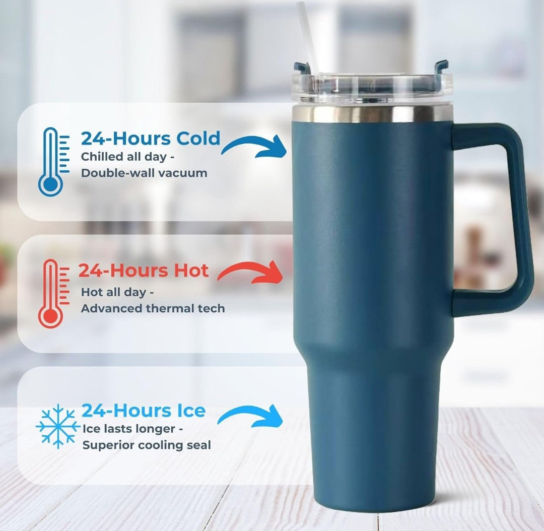 Large Capacity Stainless Steel Travel Tumbler with Handle & Straw – 1200ml