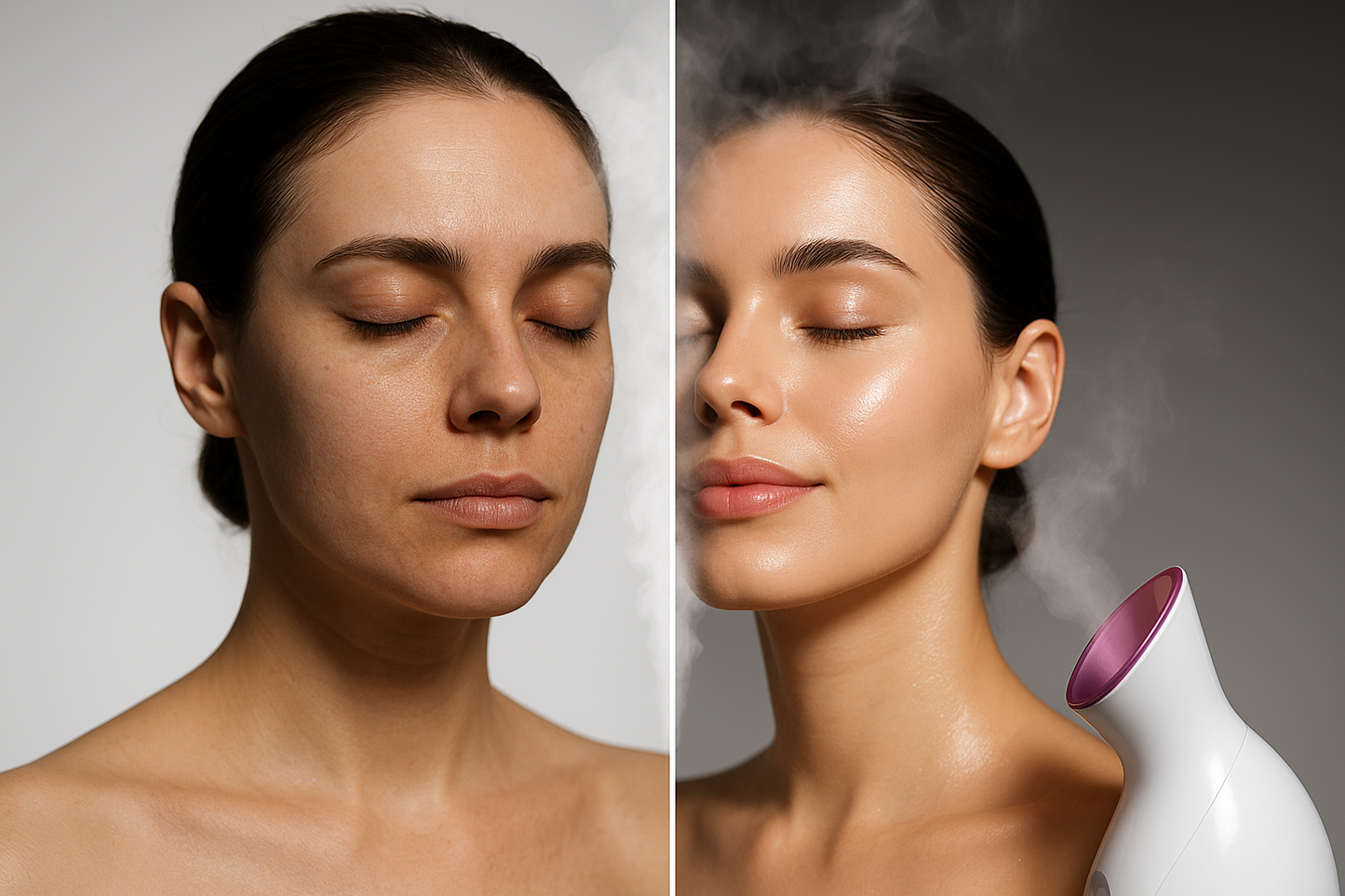 "Split image concept: left side shows a woman with dull, tired skin before using a face steamer, right side shows glowing, hydrated skin after steaming. Steam effect visible in the transformation."