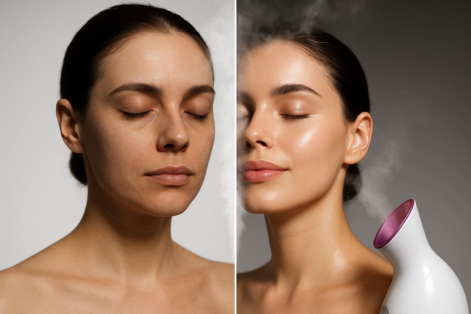 "Split image concept: left side shows a woman with dull, tired skin before using a face steamer, right side shows glowing, hydrated skin after steaming. Steam effect visible in the transformation."